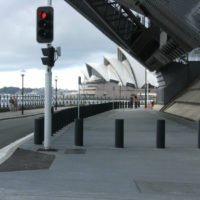 Retractable PAS68 bollards on sidewalk in Sydney